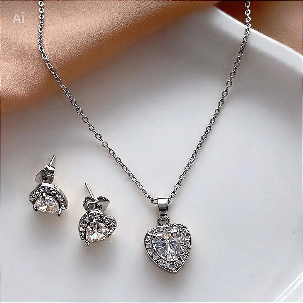 CONJUNTO BRINCO E COLAR CORAÇÃO PEDRA ZIRCÔNIAS AÇO 316L⭐️
