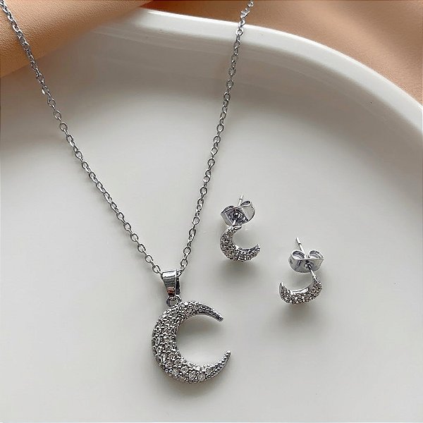 CONJUNTO BRINCO E COLAR LUA CRAVEJADA ZIRCÔNIAS AÇO 316L⭐️