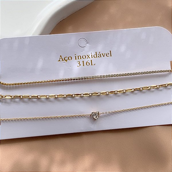 KIT DE COLARES CORRENTES VARIADAS CORAÇÃO ZIRCÔNIA DOURADO AÇO 316L⭐️