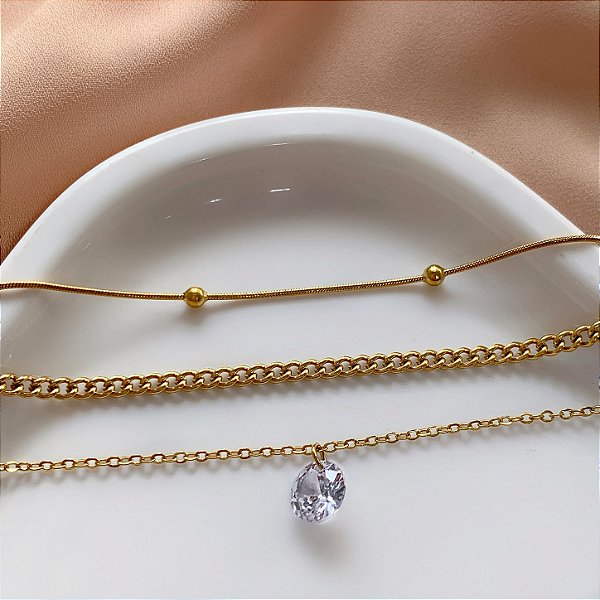 KIT 3 PULSEIRAS CORRENTE PINGENTE PONTO DE LUZ E BOLINHAS DOURADO AÇO 316L⭐️