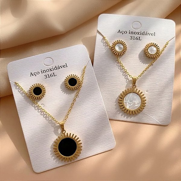 CONJUNTO COLAR E BRINCO SOLAR MADREPÉROLA COLOR DOURADO AÇO 316L⭐️