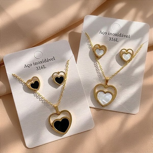 CONJUNTO COLAR E BRINCO CORAÇÃO DUPLO MADREPÉROLA COLOR DOURADO AÇO 316L⭐️
