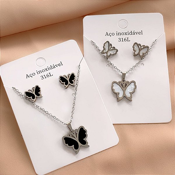 CONJUNTO COLAR E BRINCO BORBOLETA MADREPÉROLA COLOR AÇO 316L⭐️