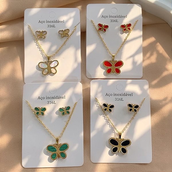 CONJUNTO COLAR E BRINCO BORBOLETA ESMALTADA COLOR DOURADO AÇO 316L⭐️