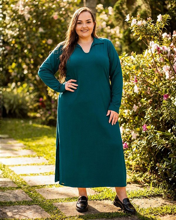 Vestido Midi Feminina de Malha Canelada Catarina com Gola - Ref 77.306