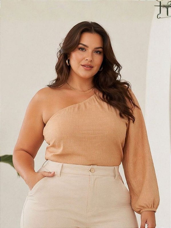 Blusa Feminina de Poli Linho Sarjado com Detalhe de um Ombro - Ref 75.19