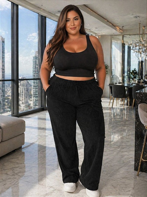 Calça Feminina De Malha Veludo Canelado Perna Reta Ref 73.131