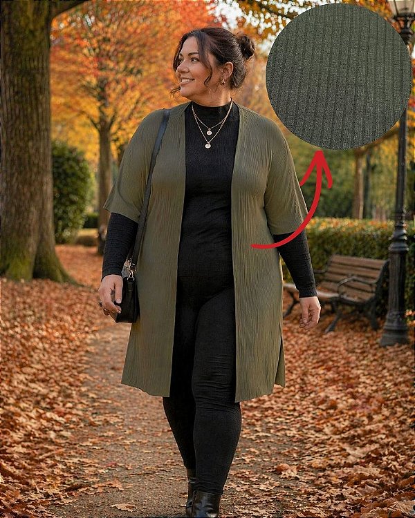 Cardigan de Malha Canelada Confort Alongado e com Manga Curta - Ref 00.22