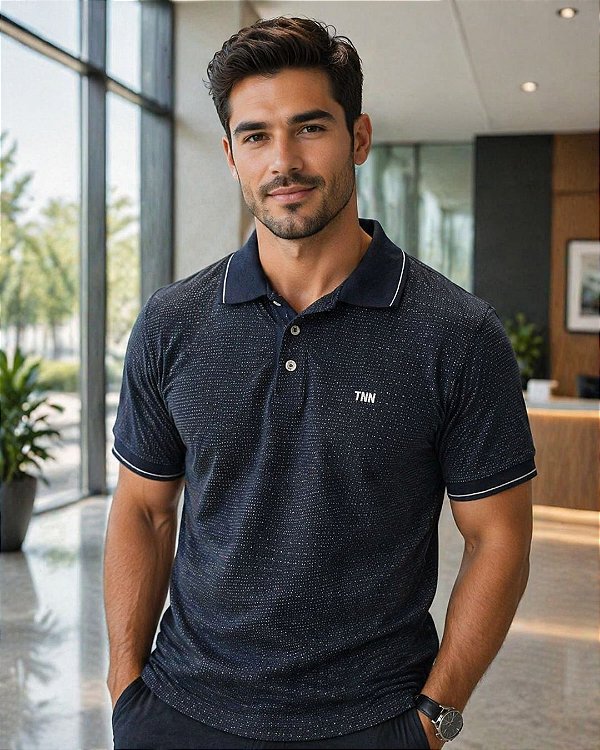 Camiseta Masculina Pólo de Malha Piquet Trabalhado com Punho na Manga e Bordado - Ref 35.12