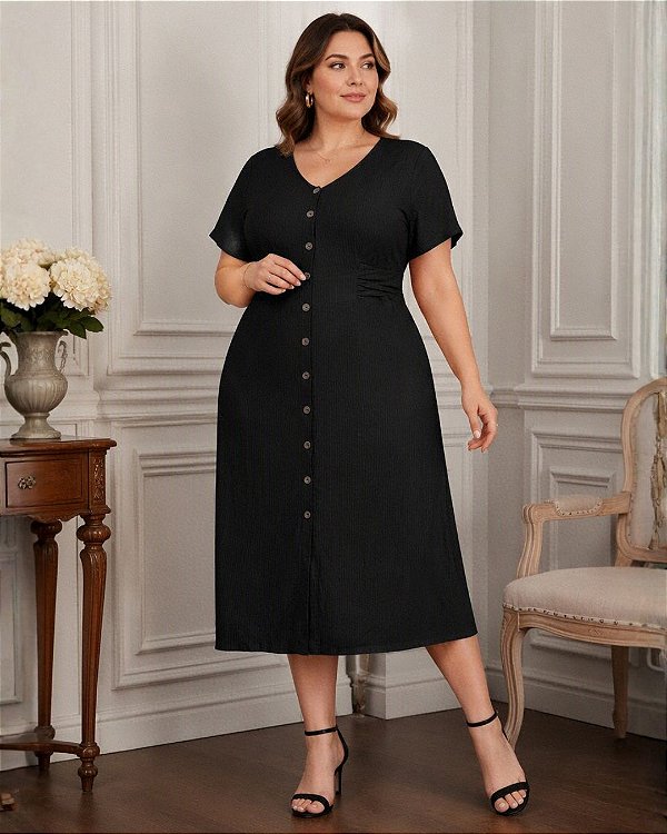 Vestido Midi de Malha Canelada, Manga e Botões na Frente - Ref 72.314