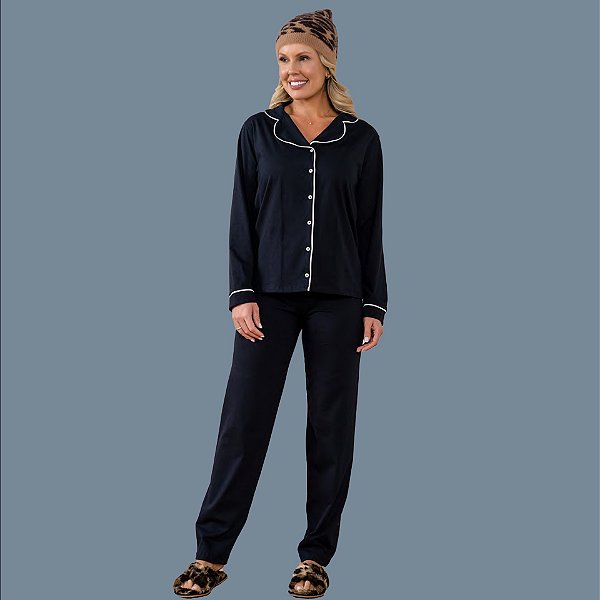 Pijama liso modelo americano com botão preto