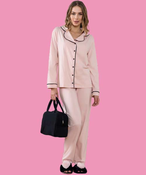 Pijama liso modelo americano com botão nude rose