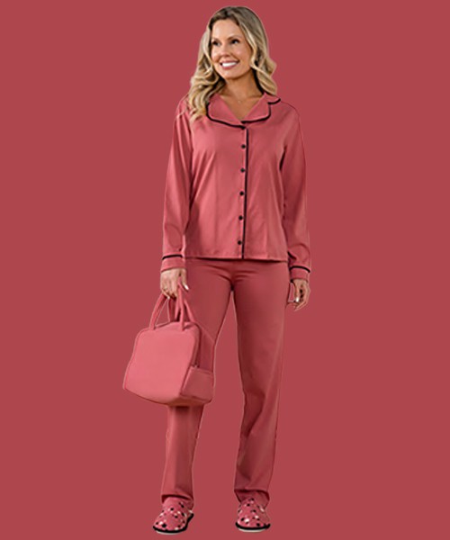 Pijama liso modelo americano com botão cor goiaba