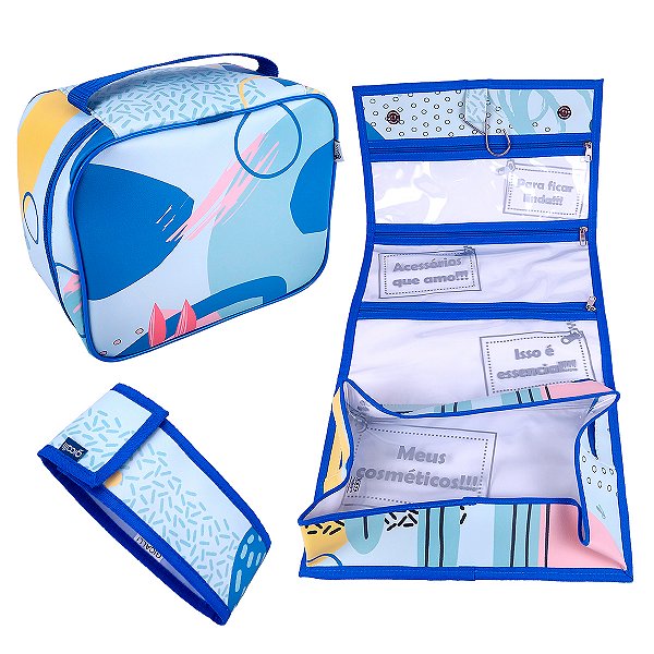 Kit Viagem 3 Peças: Necessaire Grande, Nec Gancho e Porta Escova Azul Aqua