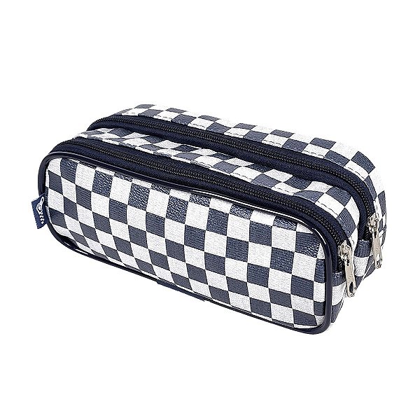 Estojo Escolar Duplo Azul Marinho Quadriculado