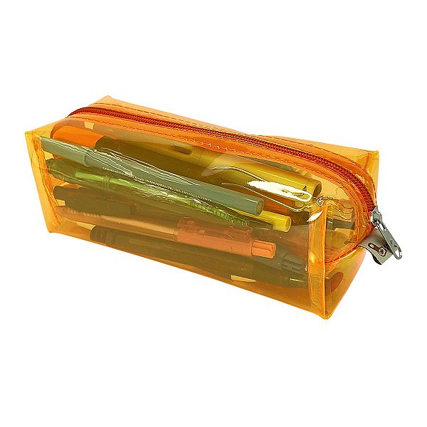 Estojo Escolar Transparente G Neon Laranja