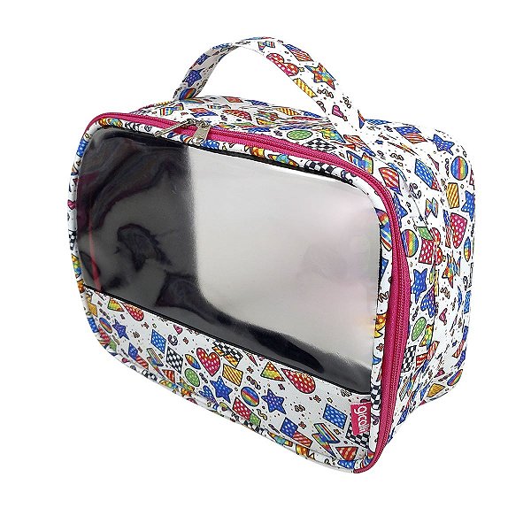 Necessaire Organizadora Transparente Formas Geométricas Rosa