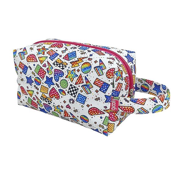 Necessaire Básica com Alça Formas Geométricas Rosa