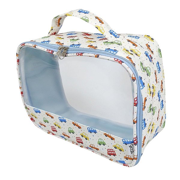 Necessaire Organizadora Transparente Carrinhos Bege