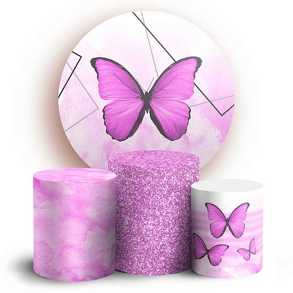 KIT Redondo e Trio - Borboletas Rosa - Sublimado 3D