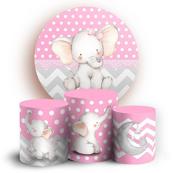 KIT Redondo e Trio - Elefante Cute Rosa  - Sublimado 3D