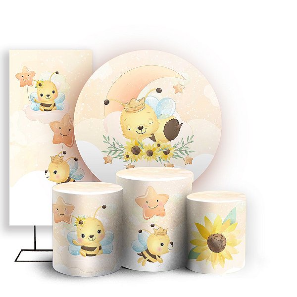 Capas Painel Redondo Trio Cilindro e Faixa Lateral Sublimado - Abelhinha Cute