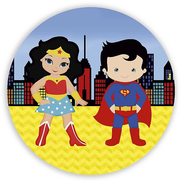Painel Redondo - Mulher Maravilha e Super Homem Cute - Sublimado 3D