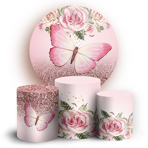 KIT Redondo e Trio - Borboleta Rosa  - Sublimado 3D