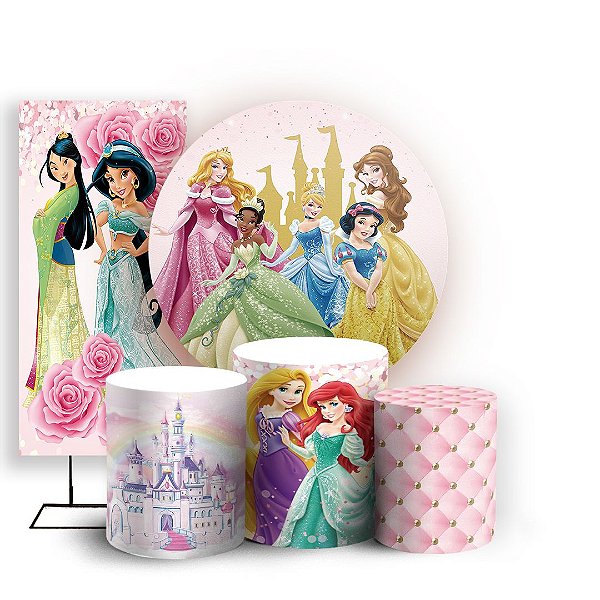Capas Painel Redondo Trio Cilindro e Faixa Lateral Sublimado - Princesas