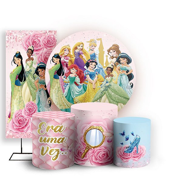 Capas Painel Redondo Trio Cilindro e Faixa Lateral Sublimado - Princesas