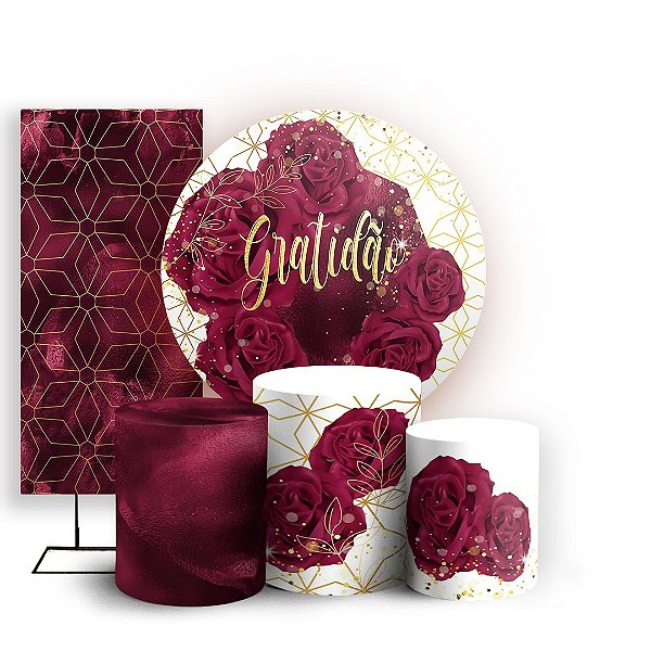 Capas Painel Redondo Trio Cilindro e Faixa Lateral Sublimado - Gratidão Marsala