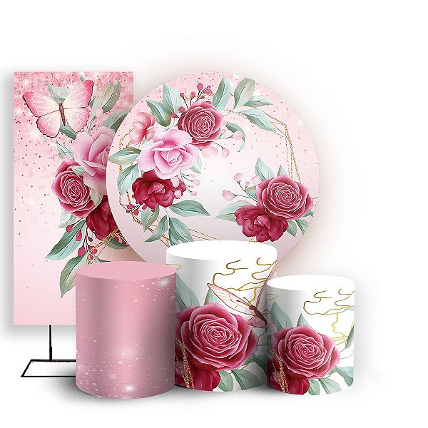 Capas Painel Redondo Trio Cilindro e Faixa Lateral Sublimado - Floral Rosa
