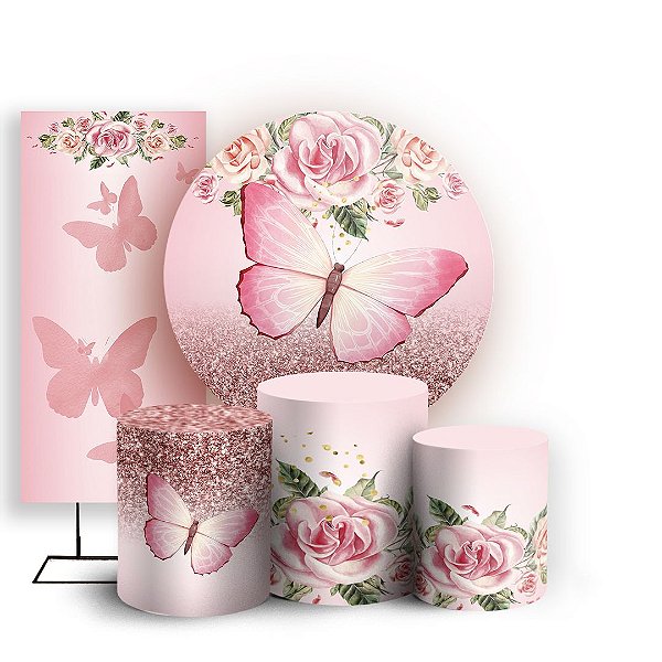 Capas Painel Redondo Trio Cilindro e Faixa Lateral Sublimado - Borboleta Rosa