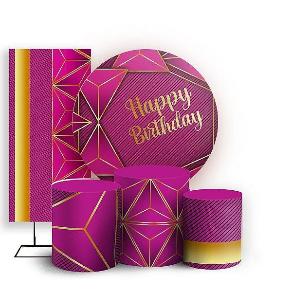 Capas Painel Redondo Trio Cilindro e Faixa Lateral Sublimado - Happy Birthday Rosa