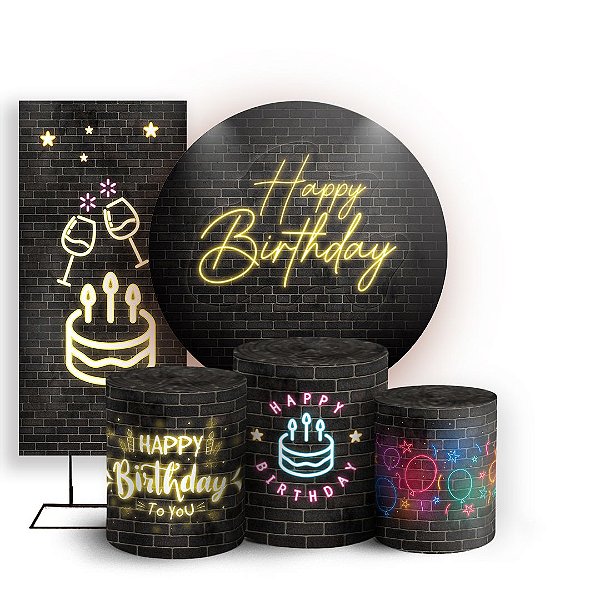 Capas Painel Redondo Trio Cilindro e Faixa Lateral Sublimado - Aniversário Neon