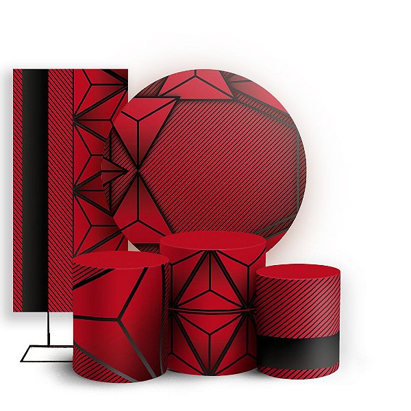 Capas Painel Redondo Trio Cilindro e Faixa Lateral Sublimado - Abstrato Vermelho