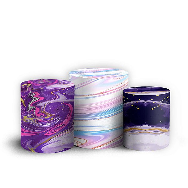 Trio Cilindro - Mármore Glitter Roxo - Sublimado 3D + Elástico
