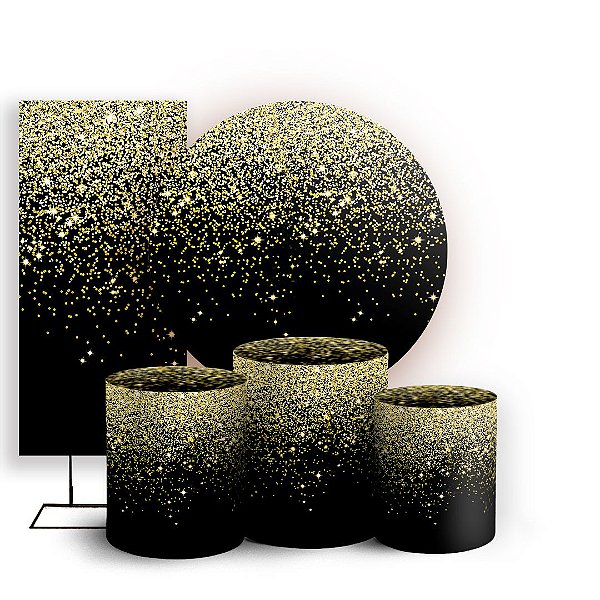 Capas Painel Redondo Trio Cilindro e Faixa Lateral Sublimado - Glitter Preto Dourado