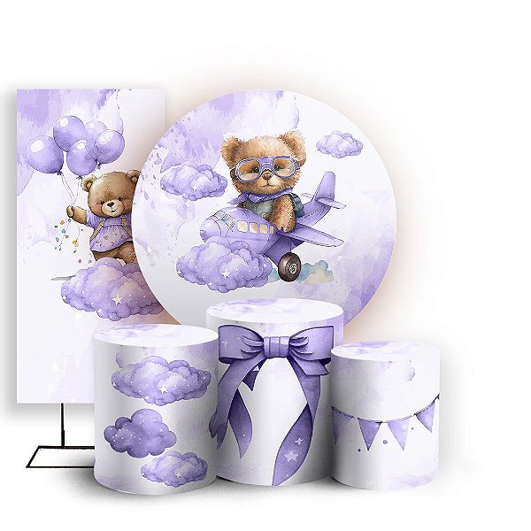 Capas Painel Redondo Trio Cilindro e Faixa Lateral Sublimado - Ursinha Lilas