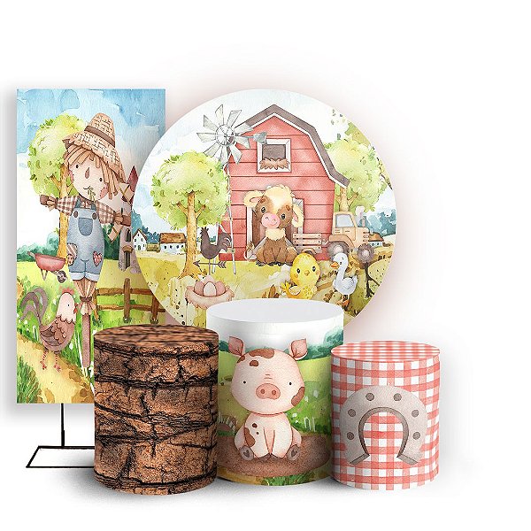 Capas Painel Redondo Trio Cilindro e Faixa Lateral Sublimado - Fazendinha Aquarela