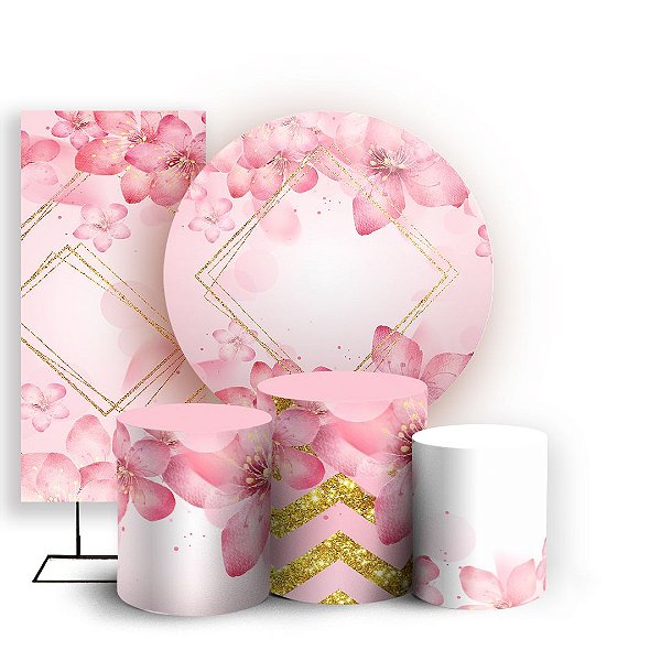 KIT Redondo Trio e Faixa - Flores Rosa - Sublimado 3D