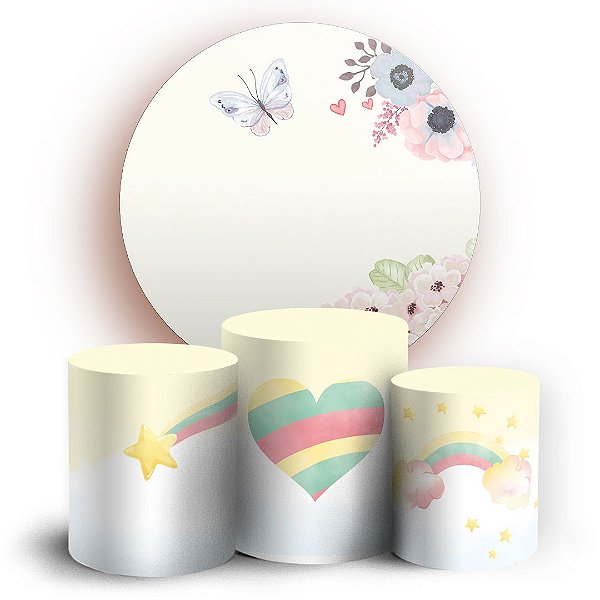 KIT Redondo e Trio - Floral Borboleta Arco Iris - Sublimado 3D