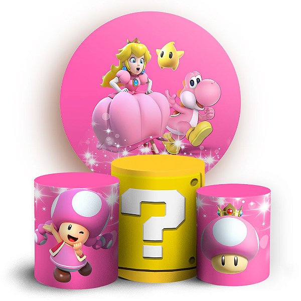 Capas Painel Redondo e Trio Cilindro Sublimado - Peach Super Mario