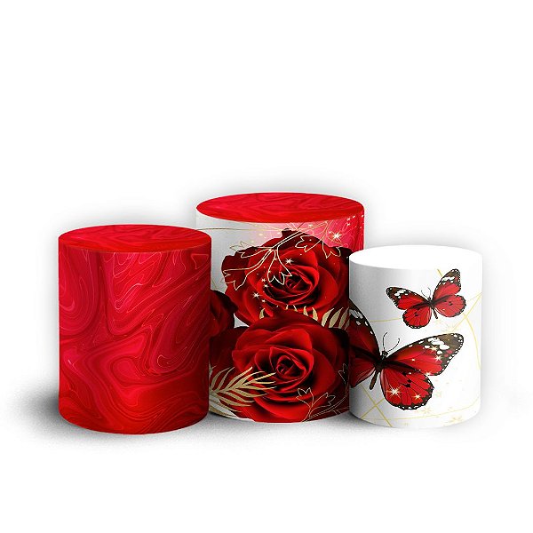 Trio Cilindro - Floral Borboleta Vermelha - Sublimado 3D + Elástico