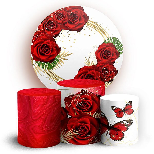 KIT Redondo e Trio - Floral Borboleta Vermelha - Sublimado 3D
