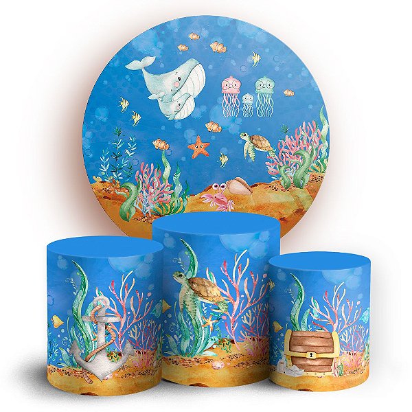 Capas Painel Redondo e Trio Cilindro Sublimado - Fundo do Mar