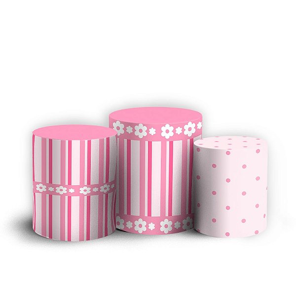Trio Cilindro - Listras Ursinha Balao Rosa - Sublimado 3D + Elástico