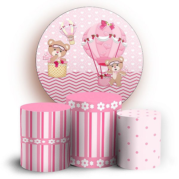 KIT Redondo e Trio - Ursinha Balao Rosa - Sublimado 3D