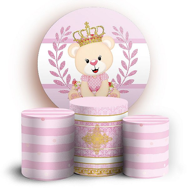 KIT Redondo e Trio - Ursinha Realeza Rosa - Sublimado 3D