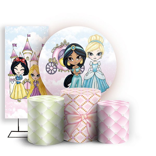Capas Painel Redondo Trio Cilindro e Faixa Lateral Sublimado - Princesas